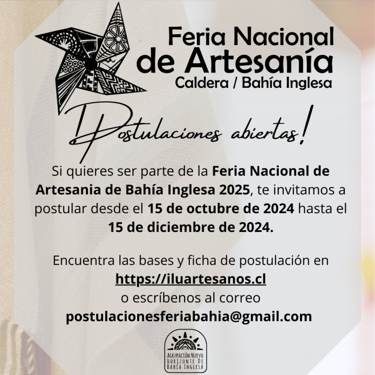 Convocatoria abierta: Feria Nacional de Artesanía de Bahía Inglesa 2025